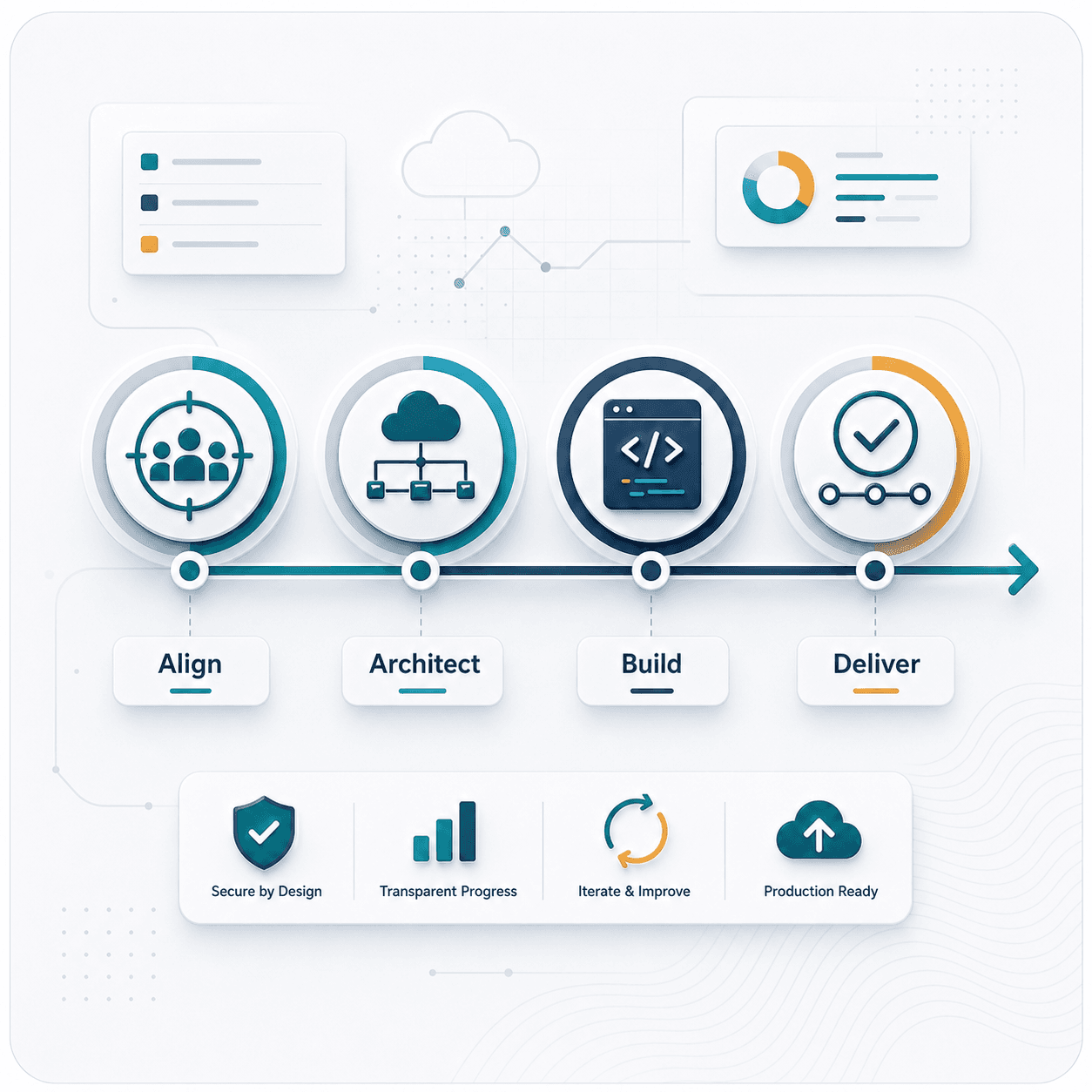 Software delivery roadmap with discovery, architecture, build, and launch milestones